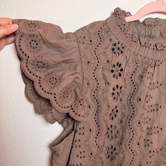 Ruffle Sleeve Brown Eyelet Lace Blouse Cottagecore Boho Romantic Top Cotton - Picture 3 of 12